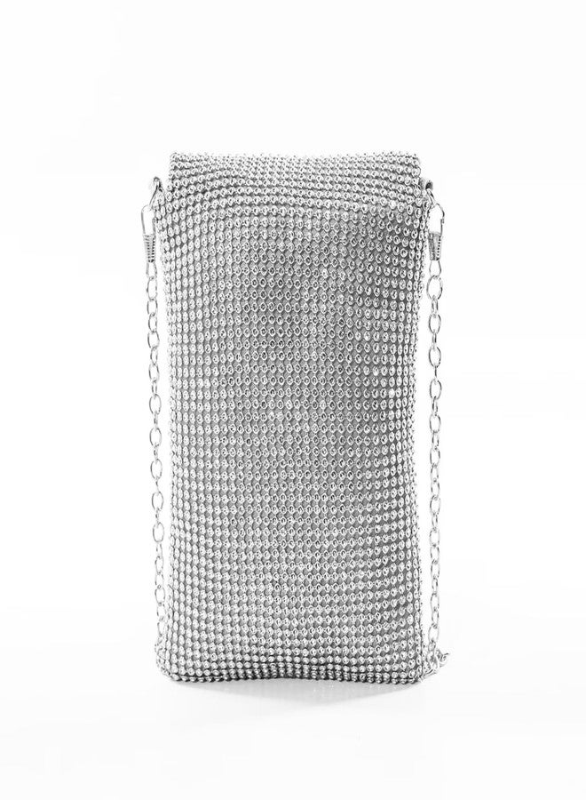 Pebipoo Silver Women's Crossbody Evening Bag Glitter Rhinestone Purse Sparkly Small Handbag - Image 3